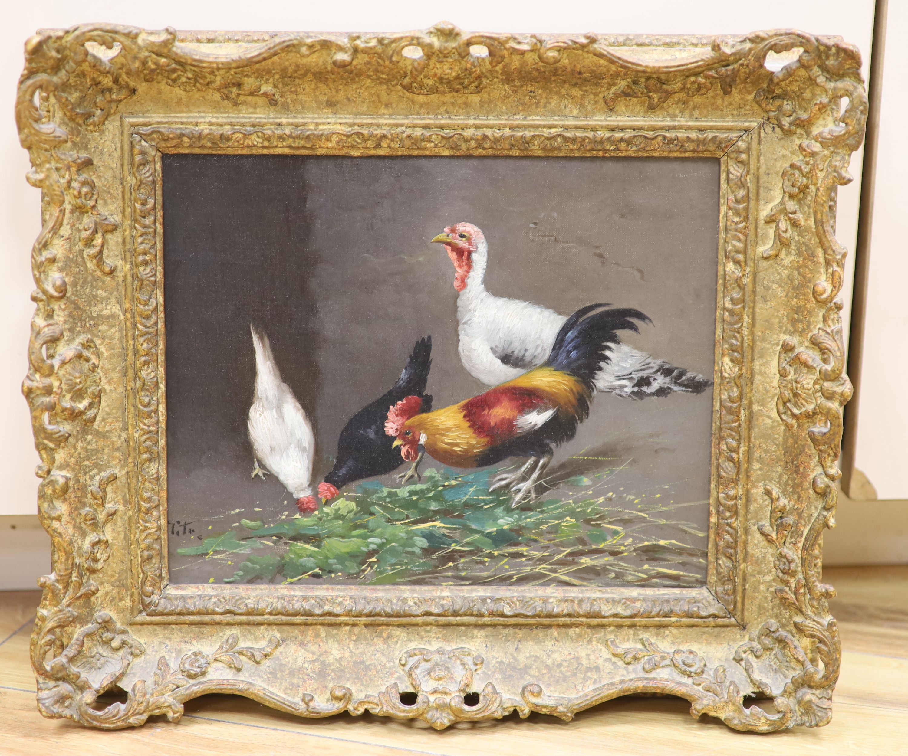 20th Century School, Turkey, cockerel and chickens, indistinctly signed, oil on canvas, 20.5 x 26cm